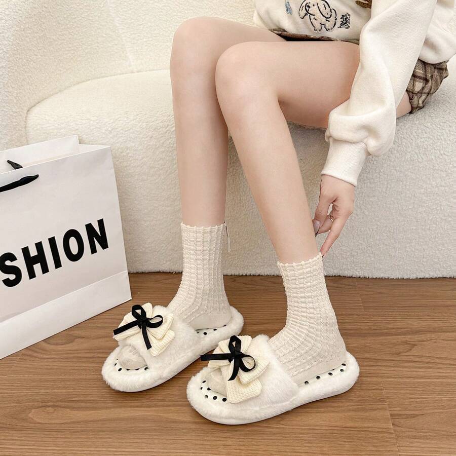 Cream White Cute Girly Style Plush Open Toe Indoor Slippers For Women, Knitted Layered Bow With Black Satin Ribbon And Polka Dots, Suitable For Home Wear - White - View 1
