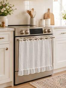 Farmhouse Linen Oven Curtain, Tie Design Stove Decor Cover With White Vertical Chain Pattern & Ruffle Trim, Reusable Kitchen Oven Skirt, Multiple Colors Optional - Multiple Styles - View 2