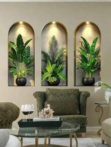 3pcs Arched Niche Green Plant Wall Sticker, 2D Waterproof Self-Adhesive Tropical Plant Wall Niche Art Sticker, Suitable For Living Room, Entryway, Wall Decor And Home Decor. - A - View 5