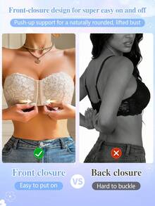 1pc Women's White Underwire Front Closure Lace Bra, Sexy Comfortable Lift Support Push-Up Lingerie, Strapless Bra - Beige - View 10