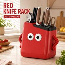 1pc Cute Cartoon Face Knife Holder, Multi‑Slots Knife Organizer With Built‑In Chopstick Holder & Pull‑Out Drip Tray, Space‑Saving Kitchen Countertop Storage Rack - View 3