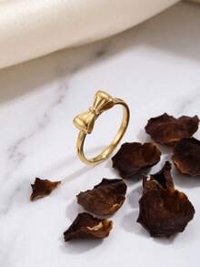 1pc Stainless Steel 18K Gold Plated 3D Bow Ring, Sweet Girl Ring, Gentle Youthful Texture, Suitable For Knitwear, Dress, Daily Wear, Romantic Delicate Hand Accessory - Sweet Bow Ring - View 1
