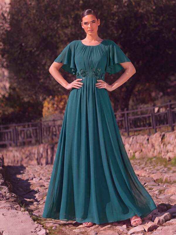 EVERPRETTY Elegant Applique Ruffle Sleeve Pleated Chiffon Bridesmaid Dress, Formal Wedding Guest Maxi Dress Fall