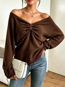 Sweater Rajut Lengan Panjang Kasual Warna Polos Ukuran Besar dengan Kerah V Rendah dan Detail Kerut di Bahu. - Coklat - View 8