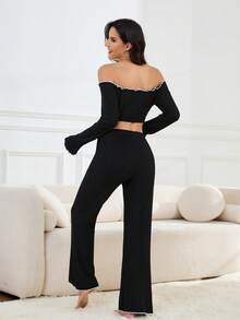 Women's Spring Autumn Winter Sweet Bow Fashion Ruffle Lace Solid Color Slim Fit Sexy Off-Shoulder Bell Sleeve Long Sleeve Casual Double Pocket Pants Comfortable Loungewear 2-Piece Set - Black - View 2