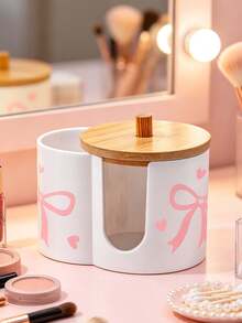 2 Grid Cotton Pad Swab Box,Cute Bow Print Makeup Organizer Box With Bamboo Lid,Desktop Cosmetic Container With Double Round Holes,For Bathroom Vanity - Multicolor - View 8