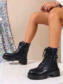 Women's Red Punk Studded Ankle Boots, Thick Sole Lace-Up Buckle Workwear Motorcycle Boots, Autumn/Winter - Black - View 3