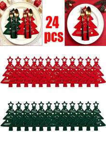 24pcs Set/Christmas Tree Cutlery Holder, Felt Christmas Tree Fork Pouch, With Hollow-Out Five-Pointed Star Embellishments, Holiday Party Table Decoration Supplies Set, Suitable For Home Dining Table Decor - Christmas Tree Placemat - View 2