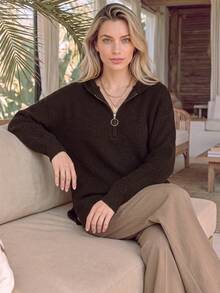 NiceArt Women's Autumn Dark Brown Blended Streetwear Knit Top, Hooded Half-Zip Drawstring Sweater, Winter Outfit, Suitable For Socializing And Night Out - Brown - View 9