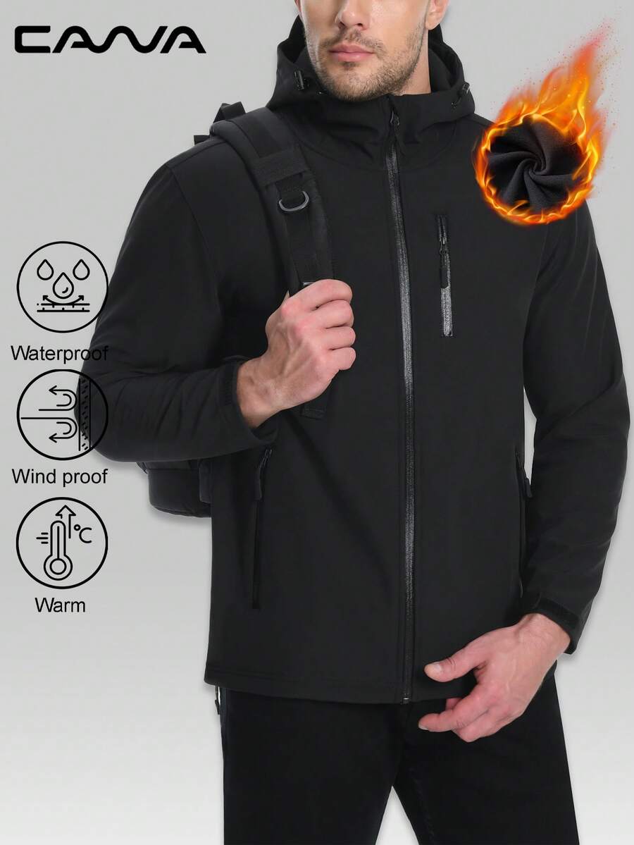 Cavva Men's Hooded Softshell Jacket Fleece Lined Warm Coat 5 Pockets Adjustable Drawstring Hem Cuffs For Hiking Outdoor
