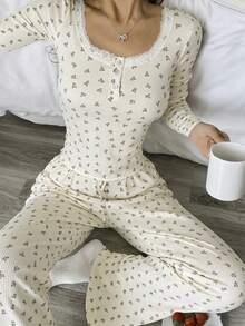 Nina Bonheur 2pcs Women's Round Neck Long Sleeve Top + Elastic Waist Long Pants Pajamas Homewear Set - Beige - View 3