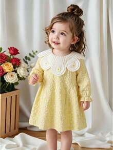 Girls (Infant) Sweet Fresh 3D Embossed Floral Double Layer Lace Peter Pan Collar Daisy Puff Sleeve Princess Dress, Spring/Autumn Thin Style - Yellow - View 2
