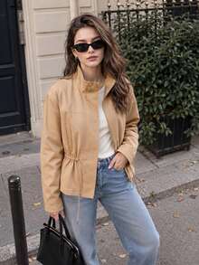 Chaqueta con cordón para mujer, elegante, unicolor, con cuello alto y manga larga, abrigo casual de calle para mujer - Caqui - Ver 2