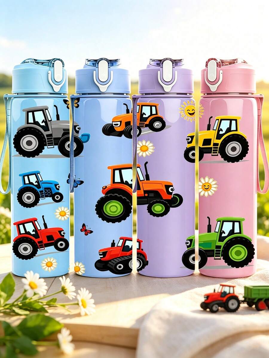 1/5pcs 25oz Plastic Water Bottles, Cartoon Tractor Farm Pattern Print ...