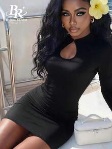 BADDIE REALM Women's Mini Bodycon Dress Keyhole Neckline Sexy Style For Daily Wear, Date Night And Clubbing - Black - View 4