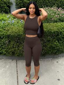 LovelyWholesale Women's Solid Color Crew Neck Tank Top & Shorts 2-Piece Set Summer Outfit Brown Elegant - Brown - View 3