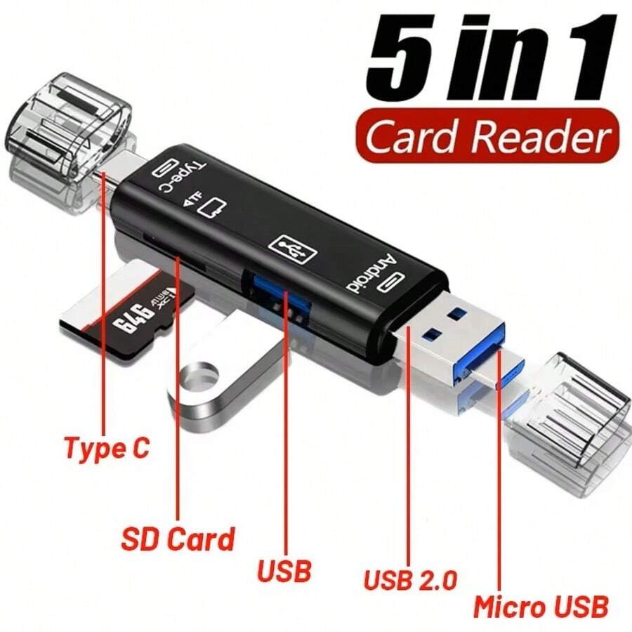 5合1多功能USB 2.0讀卡機，Type C/USB/Micro USB/TF/SD記憶卡迷你讀卡器OTG轉接頭，適用於行動裝置