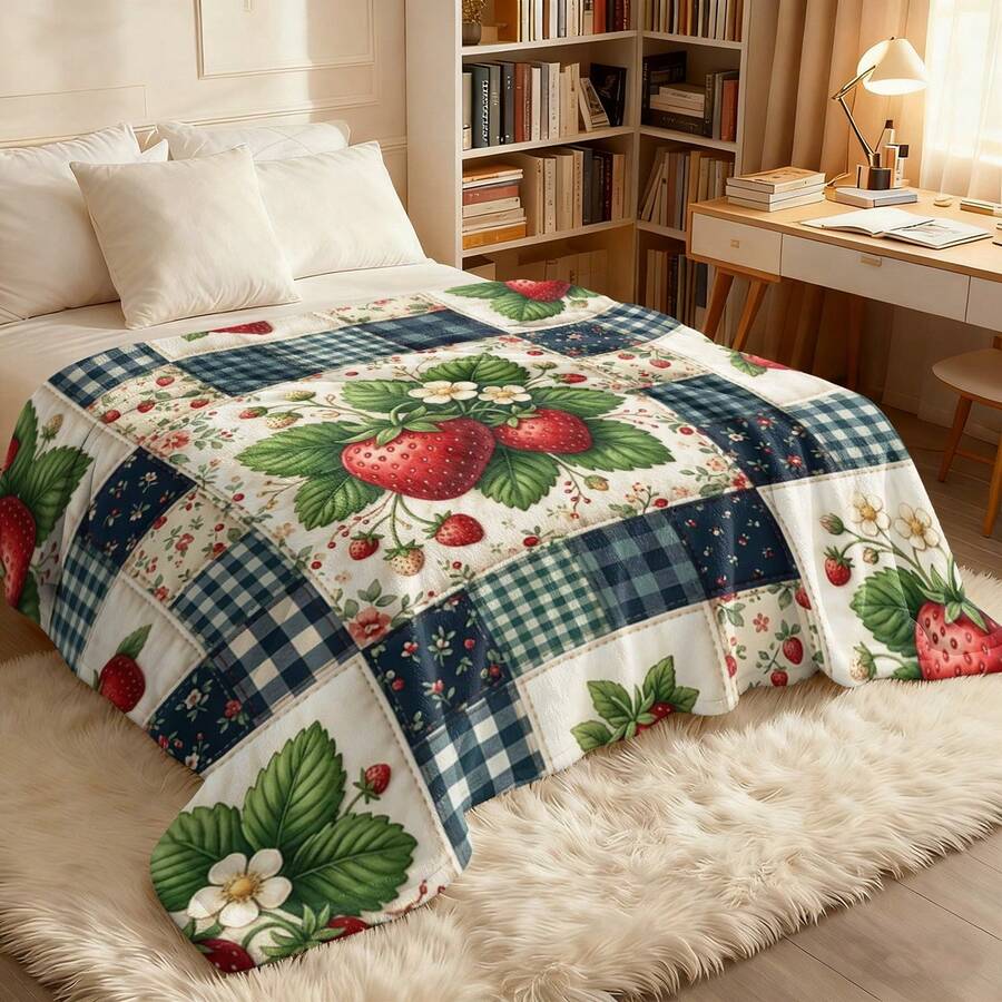1pc Soft & Comfortable Flannel Blanket With Strawberry Pattern, Warm Throw Blanket, Multi-Color, Suitable For Bed, Sofa, Camping, Travel, With Border, Perfect Halloween & Christmas Gift - Multicolor - View 1