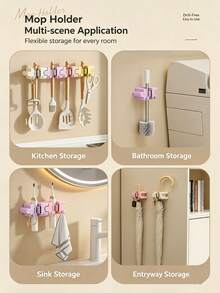 1pc Punch‑Free Mop Holder Wall Mount, Multifunctional Broom Organizer Rack For Bathroom Kitchen Home Storage,Bathroom Storage,Kitchen Accessories,Autumn Home Decor - Multicolor - View 7