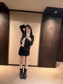Women's New Spring/Autumn Minimalist Casual Turn-Collar Short Leather Jacket, Korean Style Loose Versatile Top - Black - View 3