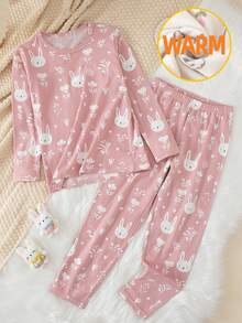 Young Girl 2pcs/Set Girls Pajama Set Long Sleeve Top And Pants Thermal Lined Thick Style Spring Autumn Winter Base Layer Versatile Clothing 4-12 Years Old - Multicolor - View 2
