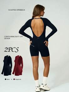 UONNOU 2 pcs Jumpsuit Fitness Lengan Panjang Punggung Terbuka, Jumpsuit Pendek dengan Tali yang Dapat Disesuaikan dan Lubang Jempol, 2 Warna - MultiWarna - View 5