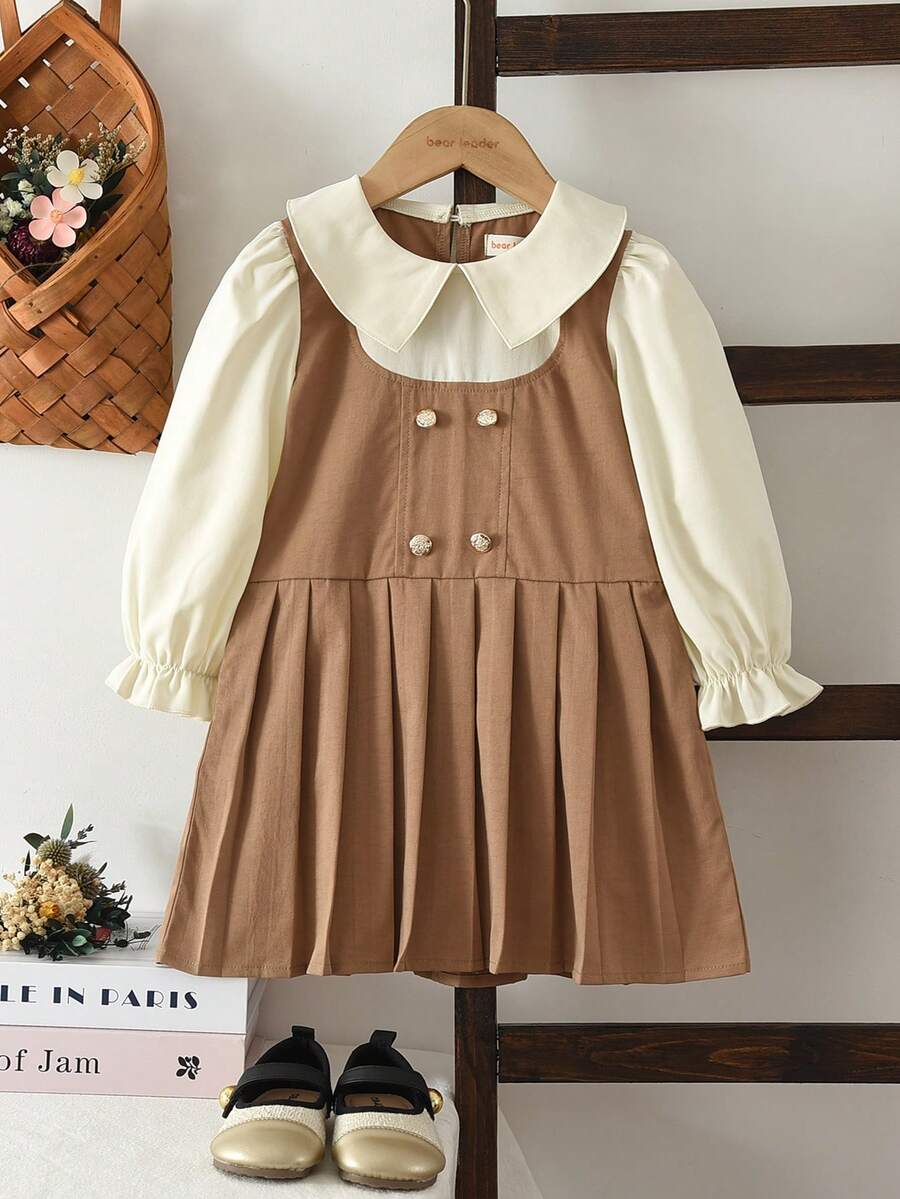 bearleader 3-7 Years Old Girls Academy Style Dress, Lapel Patchwork Long Sleeve Spring/Autumn Outfit - Khaki - View 1