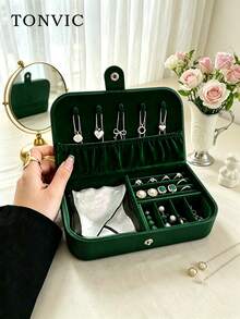 TONVIC 1PC Portable PU Jewelry Organizer Box For Bracelets, Necklaces, Earrings, Rings - Green - View 1