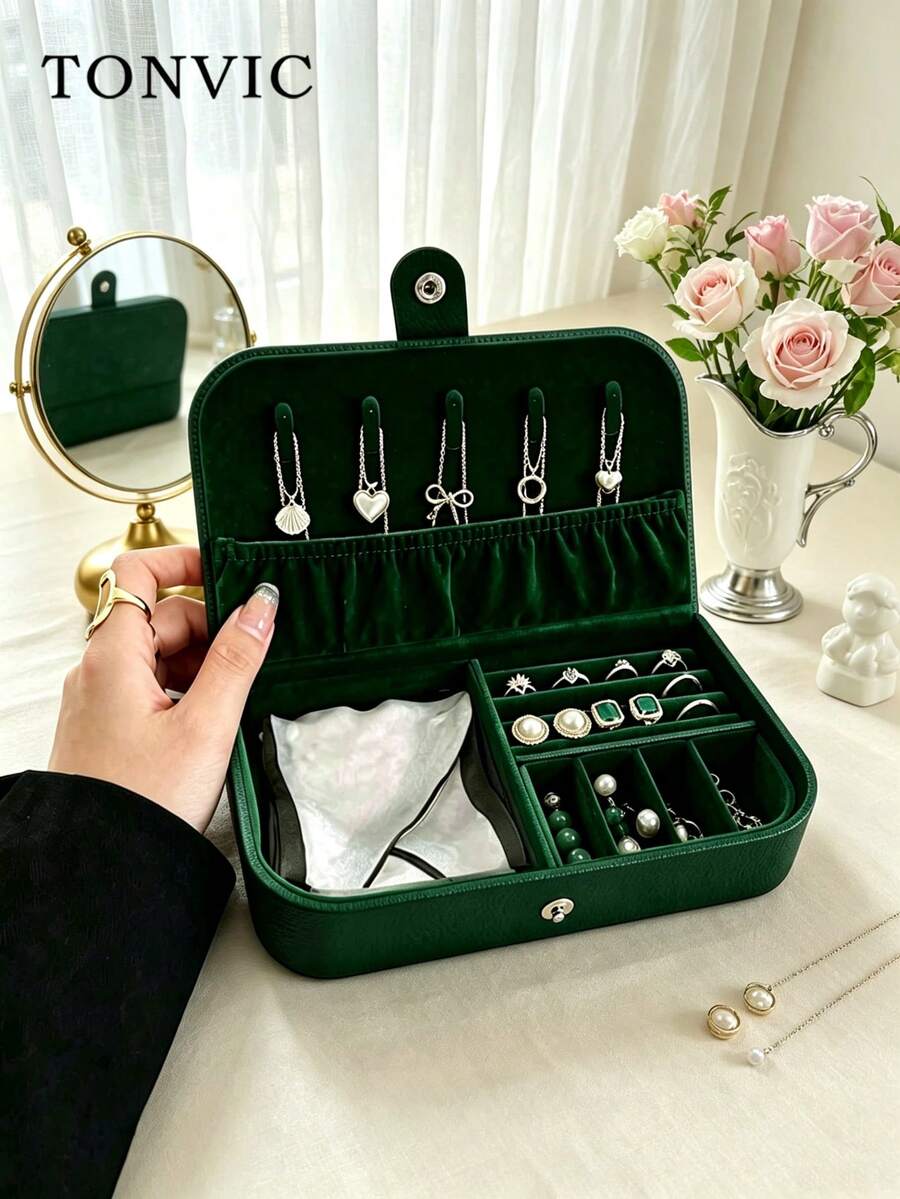 TONVIC 1PC Portable PU Jewelry Organizer Box For Bracelets, Necklaces, Earrings, Rings - Green - View 1