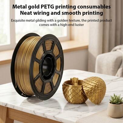 Filamento para impresora 3D PETG dorado metálico 1.75mm, carrete de 1KG, precisión dimensional +/-0.02mm, superficie lisa, consumibles de impresión sin burbujas y sin enredos, compatible con la mayoría de impresoras 3D FDM