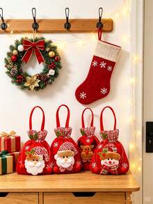 1pc Christmas Gift Bag With Plush Decoration, Portable Handle And Drawstring Closure. Multiple Styles Available. Perfect Storage Bag For Christmas Eve Small Gifts, Ideal For Holiday Gifting And Party Decoration. - Multicolor - View 4