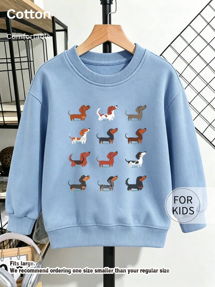 Kids Round Neck Sweatshirt, Multiple Dachshund Pattern Printed Pure Cotton Pullover, Soft Casual Long Sleeve Top - Blue - View 1