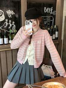 Pink Striped 2 In 1 Sweater Women's Autumn Gentle Loose Knit Cardigan Top - Pink - View 1