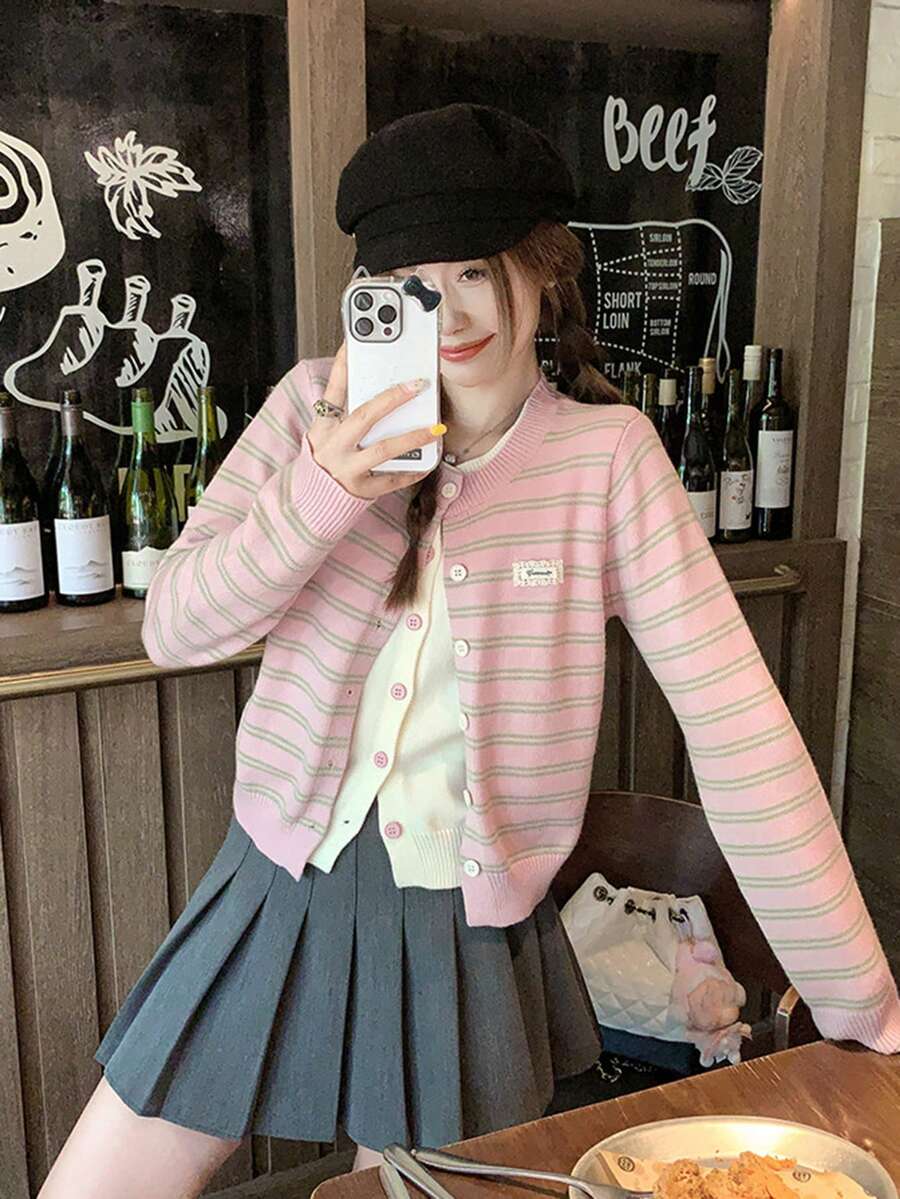 Pink Striped 2 In 1 Sweater Women's Autumn Gentle Loose Knit Cardigan Top - Pink - View 1