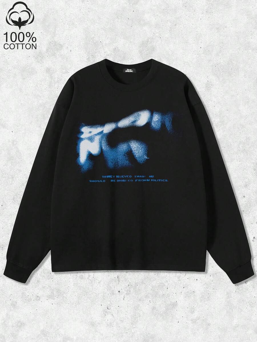 Tiny Spark Dark Streetwear Black Tee Shirt Long Sleeve Blurry Letters Graphic Graffiti Spray - Black - View 1
