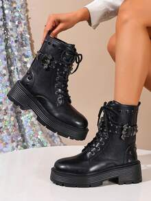 Women's Red Punk Studded Ankle Boots, Thick Sole Lace-Up Buckle Workwear Motorcycle Boots, Autumn/Winter - Black - View 2