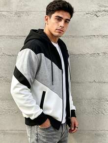 HEYKESON Men's Hooded Zip-Up Jacket, Colorblock Patchwork Drawstring Hooded Long Sleeve Casual Open Front Sweatshirt - Black - View 4