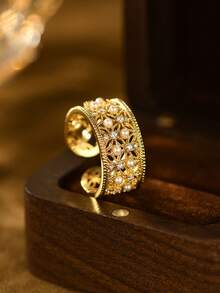 1pc Minimalist Elegant Vintage Pattern Filigree Mesh Faux Pearl Fashion Ring For Women, Wedding, Banquet, Traditional Festival Accessory - Yellow Gold - View 4