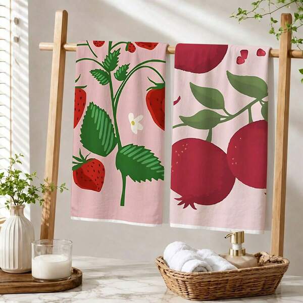 Multiple Kitchen Absorbent Towels, Made Of Polyester Material, Printed With Strawberry And Pomegranate Patterns, Suitable For Kitchen And Bathroom, Ideal Choice For Housewives And Family Gatherings, High Cost-Performance Home Goods, Great For Daily Decoration And Room Decor.