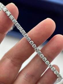 3mm Wide Luxury Sparkling Artificial Inlaid 9A Cubic Zirconia 925 Sterling Silver Rhodium Plated Tennis Bracelet, Classic Versatile - Silver - View 4