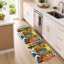 1pc Cartoon Town Pattern Printed Faux Cashmere Kitchen Mat, Absorbent Kitchen Rug, Kitchen Carpet, Long Strip Doormat, Sink Front Mat, Suitable For Kitchen, Bathroom, Entryway, Hallway, Laundry Room And Home Decor - Multicolor - View 15