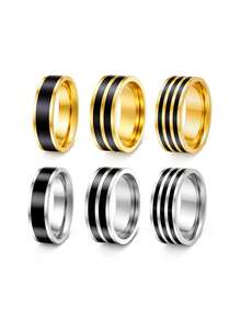 6PCS Fashion Striped Stainless Steel Men's Rings, Light Luxury Simple Business Bands, Couple Engagement Promise Jewelry For Daily Banquet & Gift - Multicolor - View 14