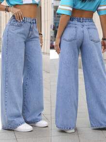 Pantalones Vaqueros Jeans de Mujer de Pierna Ancha y Largo Holgados, Color Azul Oscuro con Efecto Deshilachado en Bajos, Estilo Casual para Todas las Temporadas - Azul - Ver 1