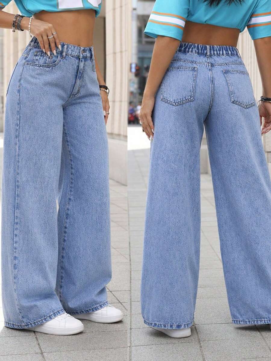Pantalones Vaqueros Jeans de Mujer de Pierna Ancha y Largo Holgados, Color Azul Oscuro con Efecto Deshilachado en Bajos, Estilo Casual para Todas las Temporadas - Azul - Ver 1
