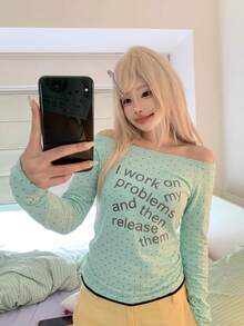 Polka Dot Letter Print Long Sleeve T-Shirt Women Minimalist Sexy Asymmetrical Shoulder Top - Mint Green - View 5