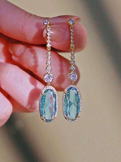 1 Pair Fashion Elegant Luxury Blue Inlaid Dangle Earrings For Women, Bridal Engagement, Proposal, Party, Jewelry
