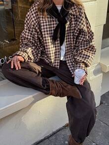 Women Fall Elegant Casual Brown Plaid Stand Collar Zip Up Long Sleeve Jacket For Office Going Out Vacation - New Multicolor - View 4