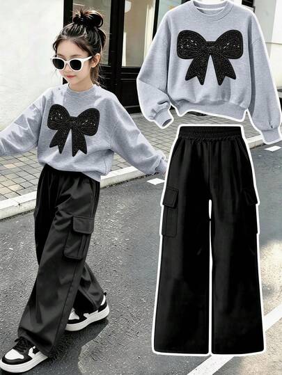 2pcs Set Suitable For Girls' Crew Neck Sweatshirt And Cargo Pants Outfit, Printed Black Bowknot Pattern Crew Neck Sweatshirt + Cargo Pants Matching Set, Suitable For Autumn/Winter Daily Wear