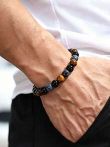 1pc Fashion Luck Hematite Tiger's Eye Men'S Bracelet Jewelry, Suitable For Daily Wear, Retro Fashion Accessory, Christmas Gift For Family And Friends - Multicolor - View 2