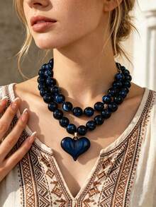 OABE 2pcs/Set Bohemian Style Heart Pendant With Blue Beaded Layered Necklace Set, Suitable For Women's Daily Wear, Holiday/Anniversary Surprise Gift - Navy Blue - View 8